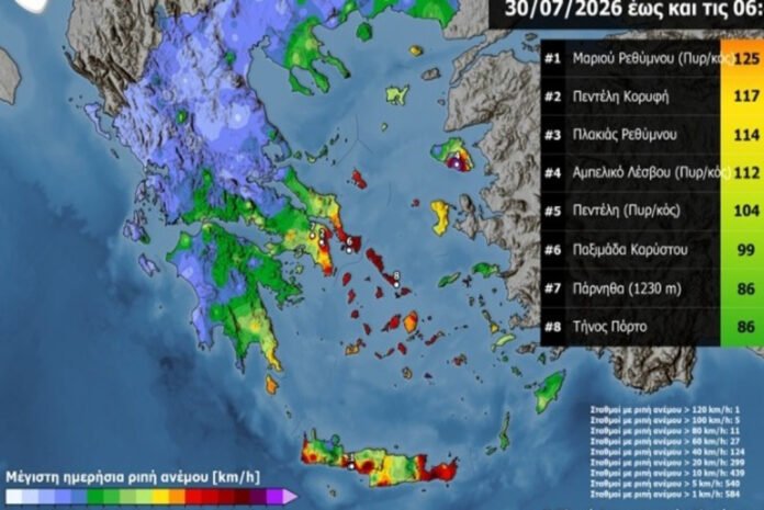 Θυελλώδεις άνεμοι στο Ρέθυμνο – Έως 125 χλμ/ώρα έφτασαν οι ριπές του ανέμου στο νότιο Ρέθυμνο