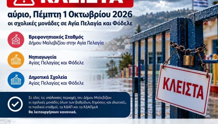 Κλειστές αύριο, Πέμπτη 1 Οκτωβρίου, σχολικές μονάδες σε Αγία Πελαγία και Φόδελε