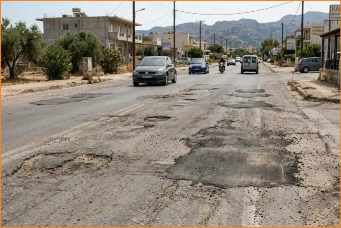 Φθορές και λακκούβες στη λεωφόρο Καζαντζάκη στο Βαμβακόπουλο