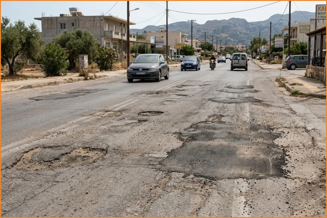 Φθορές και λακκούβες στη λεωφόρο Καζαντζάκη στο Βαμβακόπουλο