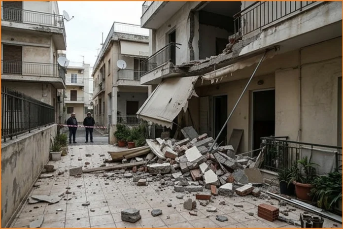 Κατέρρευσε τμήμα πολυκατοικίας στο Ατσαλένιο – Έπεσαν μπάζα σε αυλή